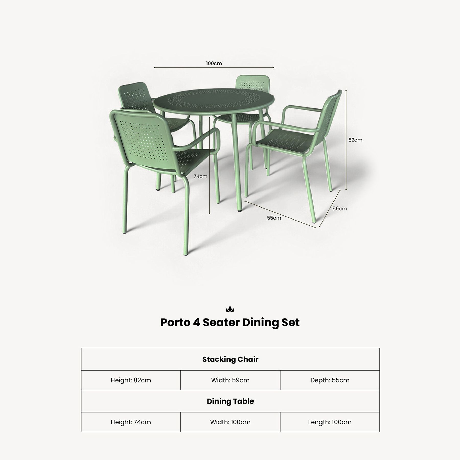 PORTO 4 seater Round dining set - 100cm Table Plus 4 Stacking chairs Olive 7 PORSET OLIVE jpg