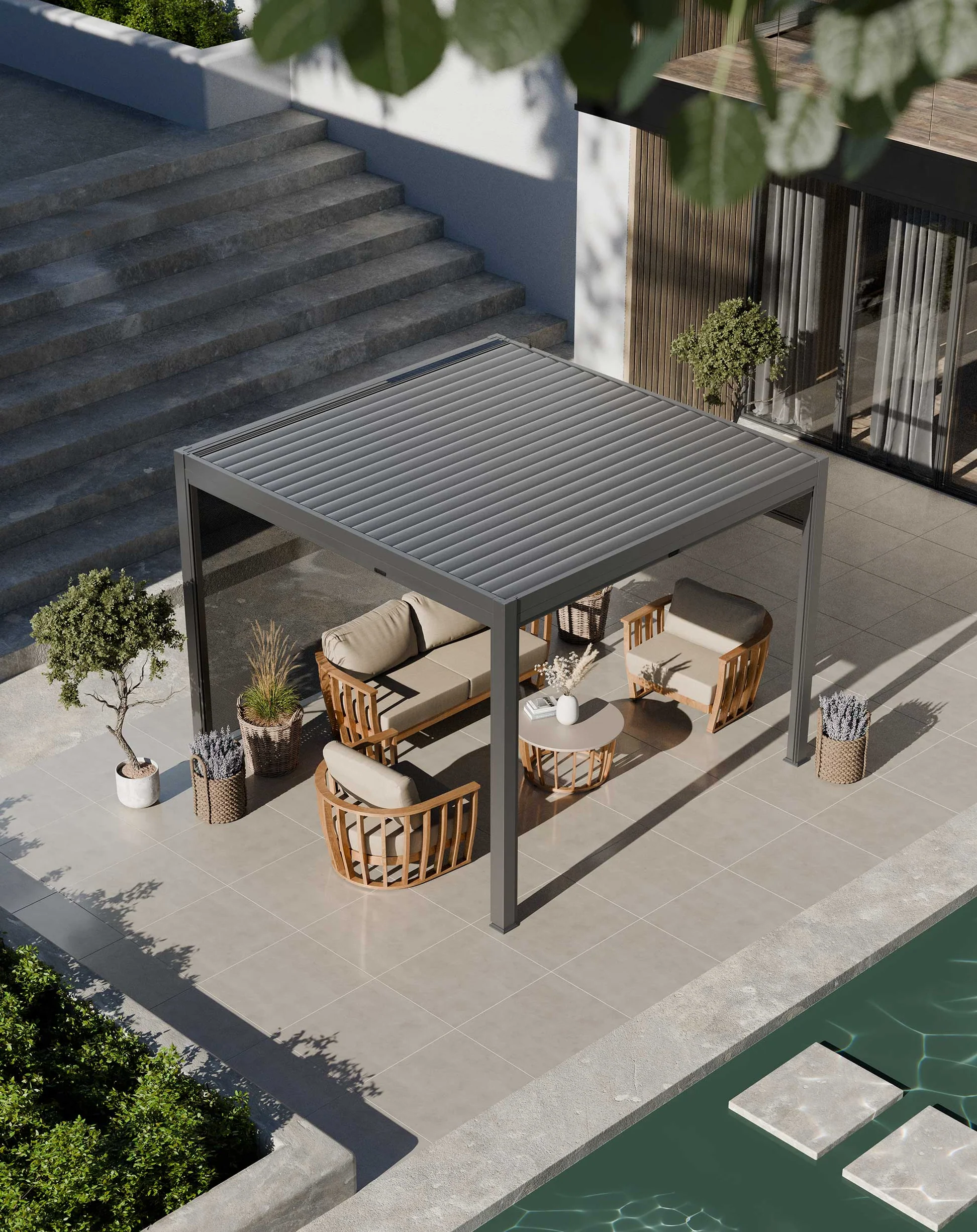 Luxe 3x3m Pergola with Solar Lighting System and Voice Control 6 RCPERG