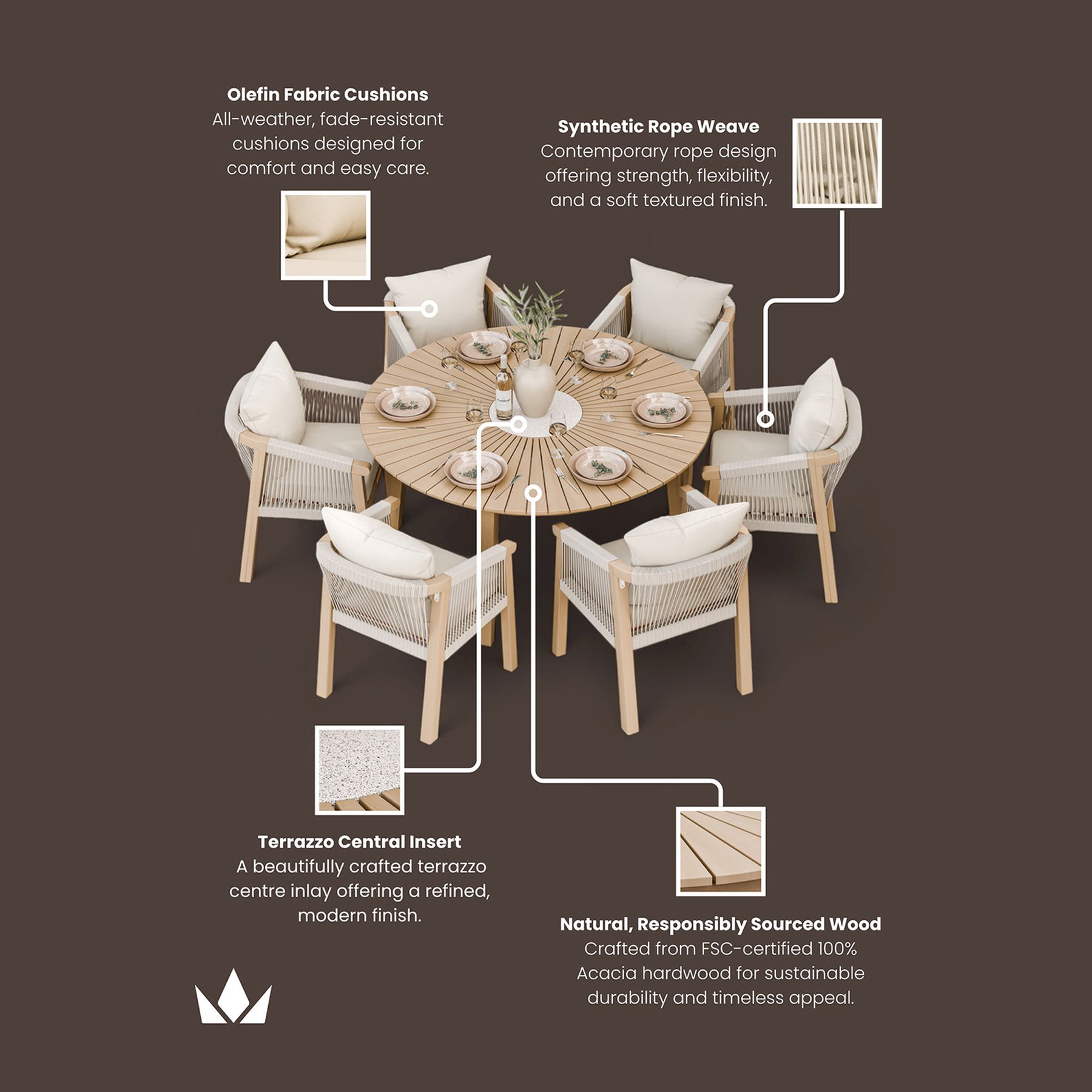 ROMA 150cm Round Sunray Table with Terrazzo insert and 6 Roma Dining Chairs 10 ROMROMDINTZ jpg
