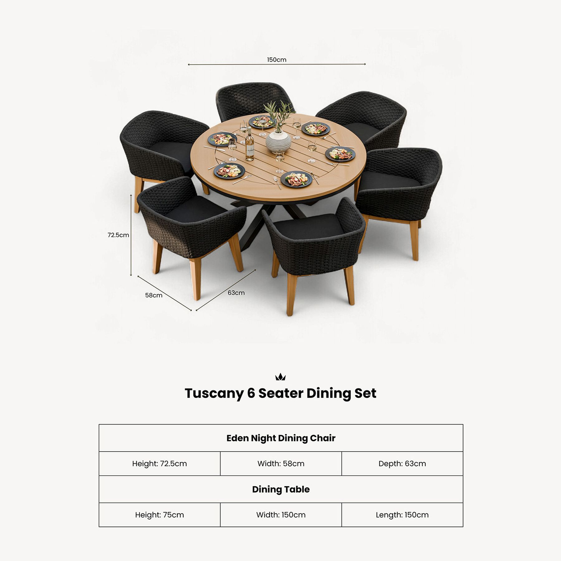 TUSCANY 150cm Round Table with 6 Eden Night Dining Chairs 11 TUSEDEDIN jpg