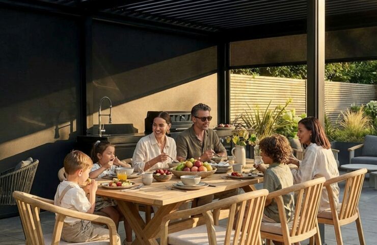 Outdoor Garden Furniture With Family Enjoying