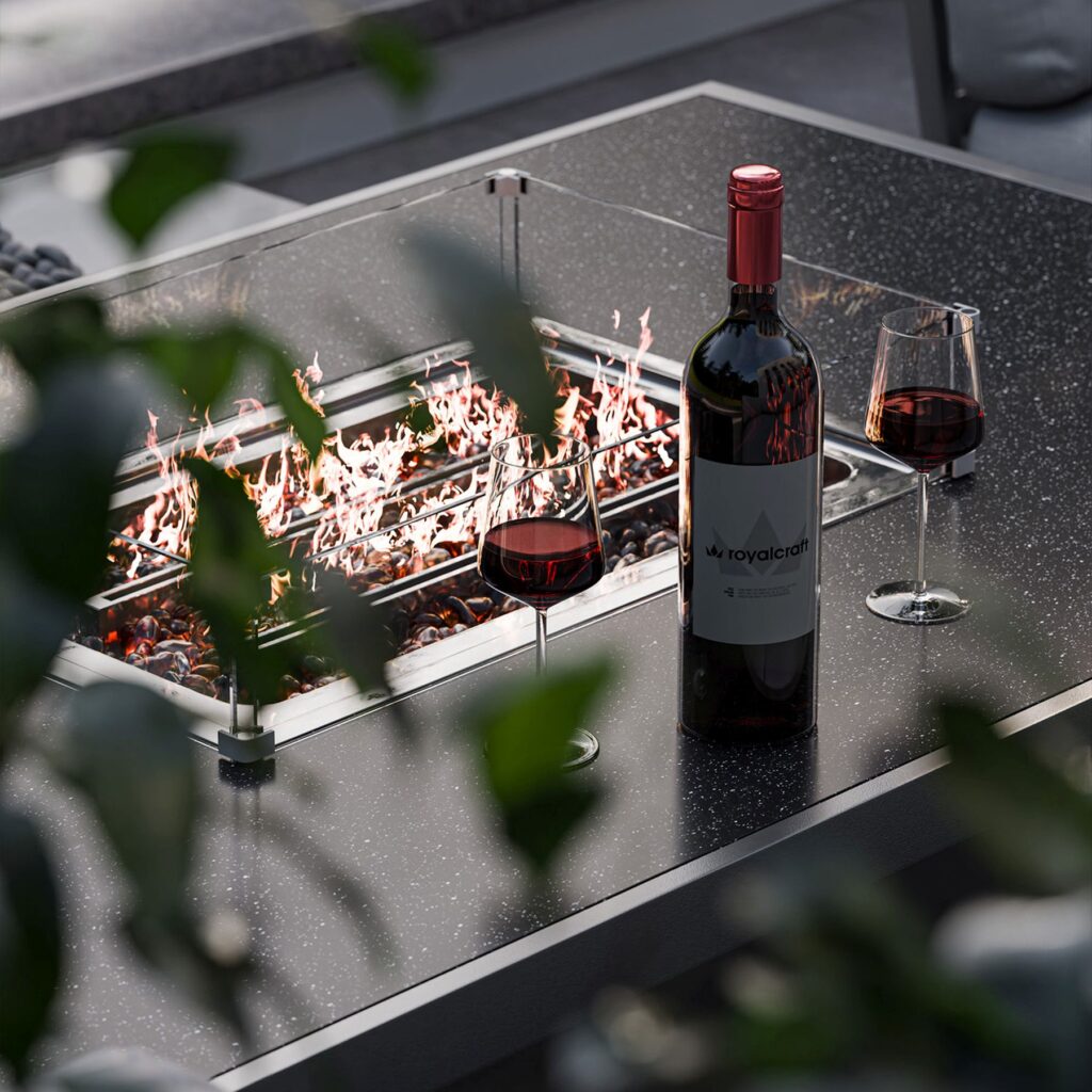 MAYxFP GREY Evening dining with a fire pit outdoor table