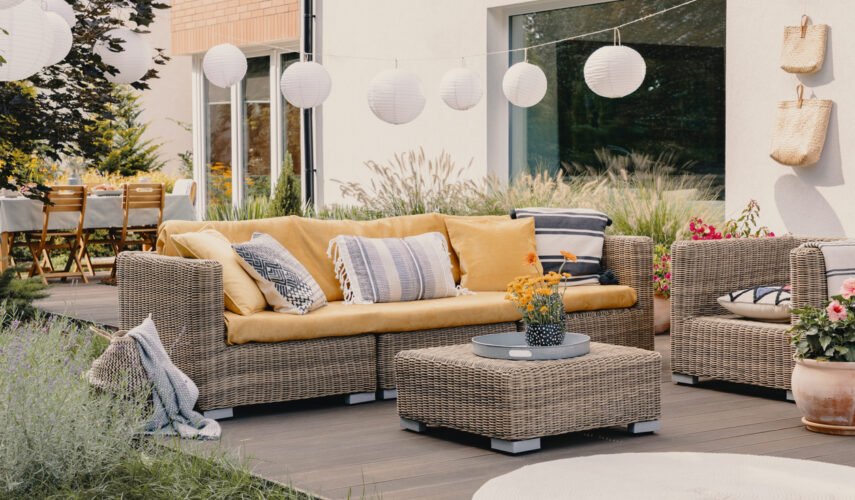 Modern back garden with rattan furniture.