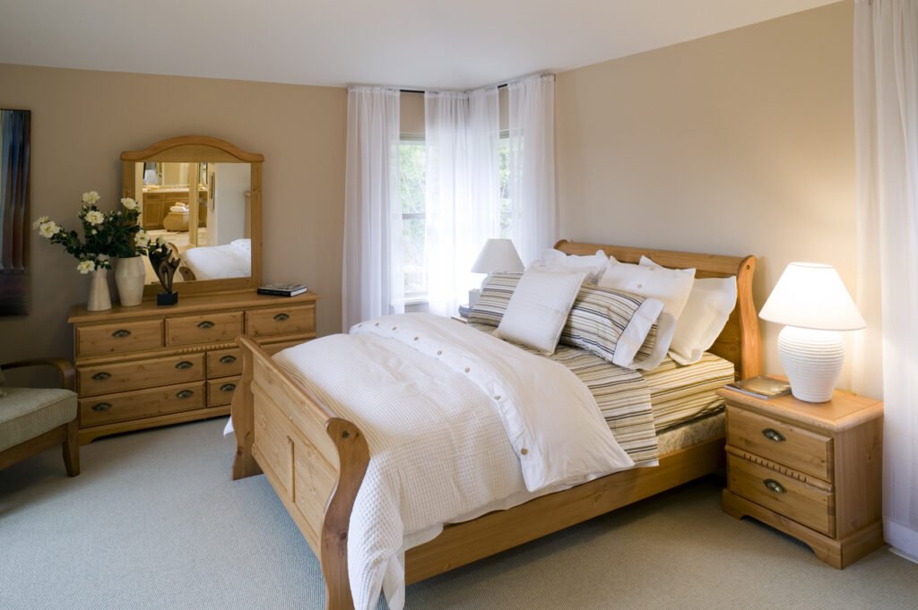 Calm Bedroom With Oak Furniture Calm and relaxing bedroom with neutral shades and oak furniture